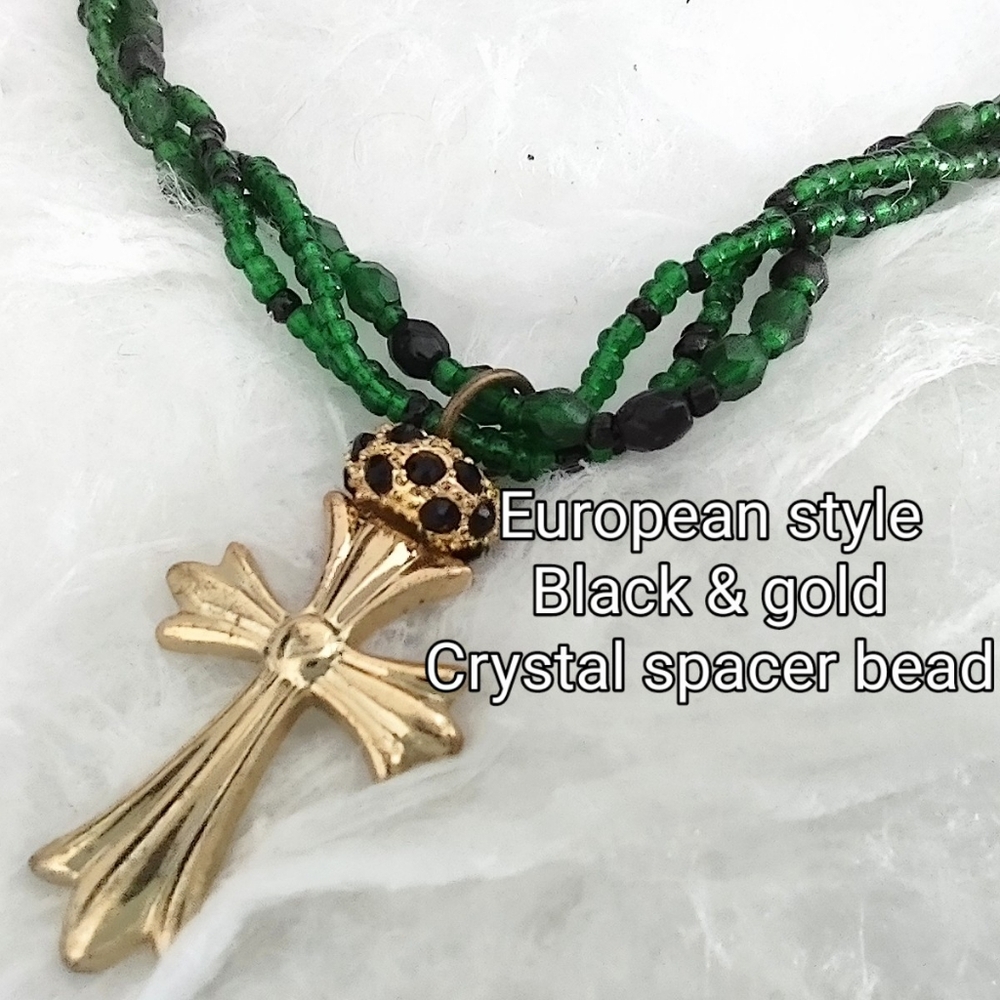 Gold Cross on Green Beaded Necklace